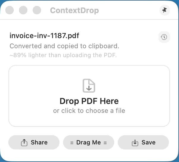 Demo: drag a PDF onto ContextDrop, get clean markdown copied to the clipboard