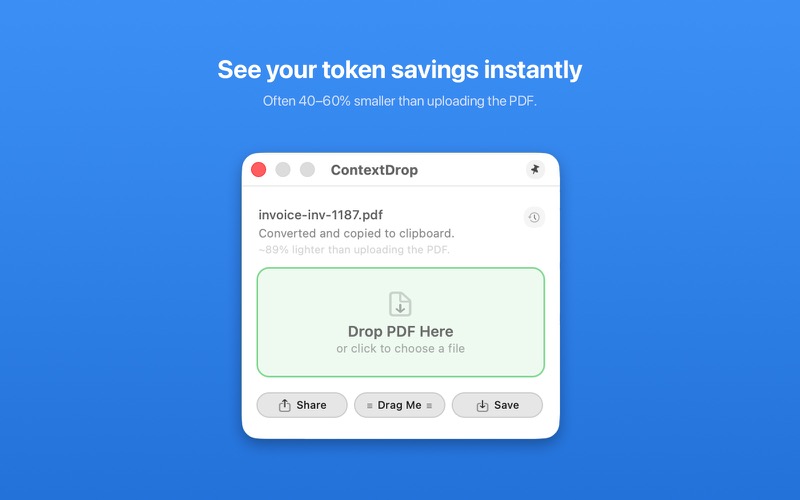 Token savings indicator after a conversion